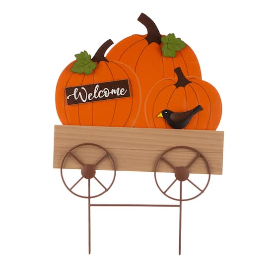 26&#x22; GlitzHome&#xAE; Wooden Pumpkin Cart Yard Stake